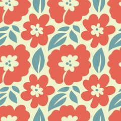 Floral Pattern with Leaves in Bright Colors on Colored Background