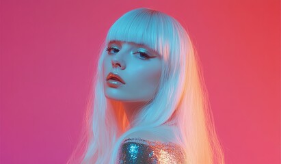Minimalist neon effect photography of a woman with long white hair and bangs, against a pink and blue background