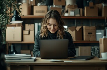 Young woman working on laptop in cozy workspace surrounded by storage boxes and books on a wooden desk