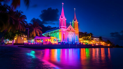 Fototapeta premium Illuminated Caribbean church at night, beach, palm trees, reflection, tourism