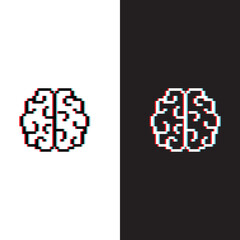 glitch effect pixel brain icon. Vector pixel art brain 8 bit logo for game