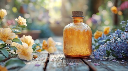 Rustic amber bottle surrounded by colorful flowers
