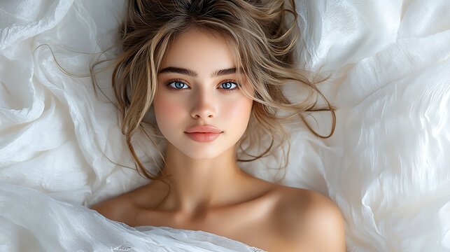 A beautiful woman with model features making a wish list, surrounded by a light and airy atmosphere, soft white colors with a touch of blue, cheerful expressions, ultra-realistic, photo-realistic 