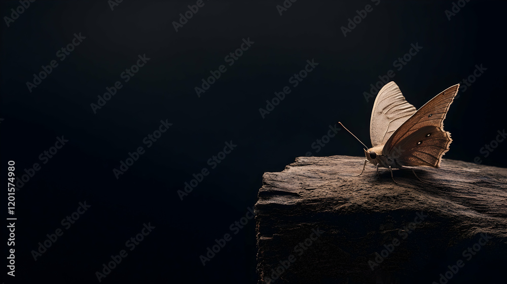 Wall mural Light brown butterfly perched on dark rock, dark background; nature, wildlife, macro photography, website banner