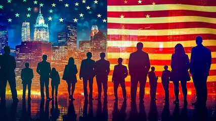 Nighttime silhouettes patriotic backdrop.Group standing,city skyline illuminated.Evening gathering,American flag view.Citizens diverse ages united.setting inspires collective spirit.National