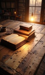 Book of magic radiates warm golden light on old wooden table , mystic, dark