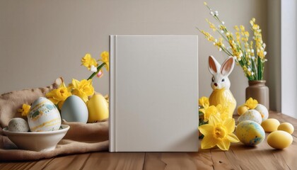 A blank magazine cover stands tall amid cheerful Easter decorations like colorful eggs, bright daffodils, and a playful bunny figurine, evoking a festive spring atmosphere