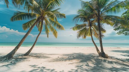 Obraz premium Tropical beach paradise, palm trees, ocean view, sunny sky, vacation