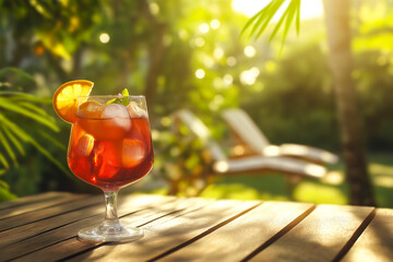 Ice cold summer cocktail garnished with orange slice and mint sits on wooden table in a tropical garden at sunset
