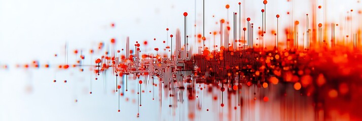 Abstract digital artwork featuring vibrant red and orange waveforms, resembling sound waves or data visualizations against a light background.