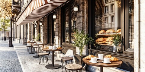 Naklejka premium Charming Outdoor Caf? with Fresh Pastries on a Sunny City Street