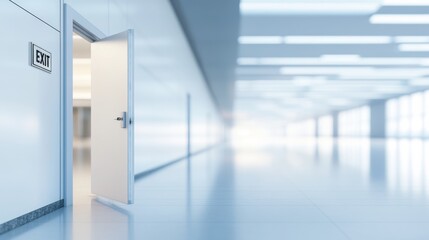 Open door with exit sign, symbolizing the freedom and opportunity to leave behind the past and embrace new beginnings, encouraging a sense of liberation and forward movement.	