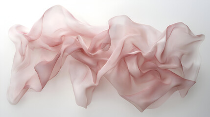 Draped blush pink sheer fabric, softly flowing, creating elegant, abstract shapes against a white background.