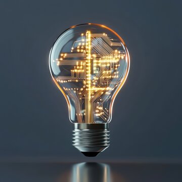 Circuitry within a glowing bulb illustrates tech progress.