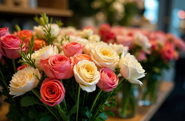 Obraz premium Bouquets of flowers in a flower shop, close-up.