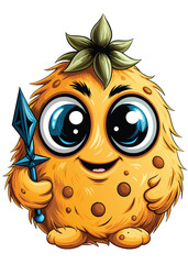 Design a cute, chibi-style monster with ninja features, holding shuriken. Add vibrant colors and playful expressions.