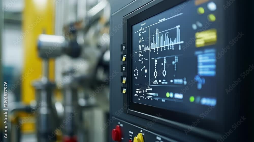 Poster complex machinery and equipment are monitored and controlled by an industrial control panel, display