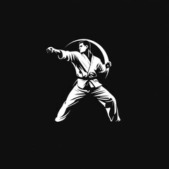 Martial artist striking, dark background, logo design.