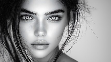 Artistic black and white close-up portrait of a 25-year-old modern woman, elegant and poised, intricate lighting patterns, ISO400, ultra-realistic, photo realistic, highly detailed, 