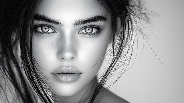 Fototapeta Artistic black and white close-up portrait of a 25-year-old modern woman, elegant and poised, intricate lighting patterns, ISO400, ultra-realistic, photo realistic, highly detailed, 