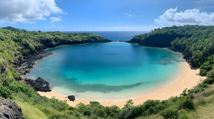 Secluded tropical cove beach, turquoise water, lush green hills, sunny sky. Ideal for travel, tourism, and vacation brochures