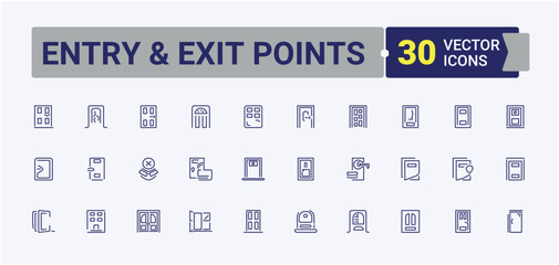 Set of Entry & Exit Points line icons. Includes thin line safety, ui, enter, open, office, entrance, isolated and more. Thin UI icon design. Editable vector stroke.