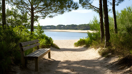 Serene beach bench view, pine trees framing tranquil lagoon; perfect for relaxation and travel brochures