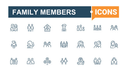 Family Members icon set. Includes thin line mother, person, woman, two, work, user, men and more. Outline icon. Editable vector illustration.