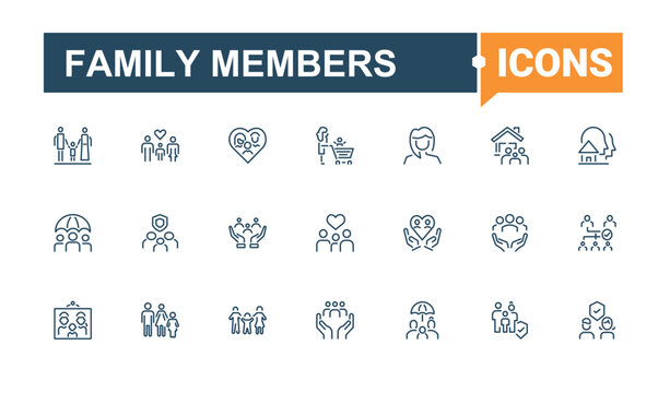 Family Members icon set. Includes thin line mother, person, woman, two, work, user, men and more. Outline icon. Editable vector illustration.