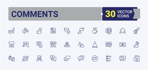 Comments line icon. Includes thin line comment, social, feedback, testimonials, user, document, bubble and more. Web icons. Editable vector illustration.