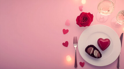 Fototapeta premium A beautifully arranged Valentine's Day table featuring a red rose, silver cutlery, wine glasses, and a heart-shaped box of chocolates, set against a pink backdrop with soft bokeh lights. This romantic