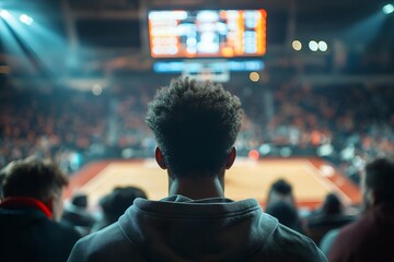 Fototapeta premium Back View of a Male Spectator Watching a Basketball Game in a Crowded Arena
