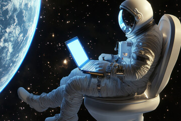 Tranquil astronaut on a floating toilet with laptop.