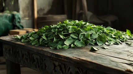 Fresh Moringa Leaves on a Wooden Table