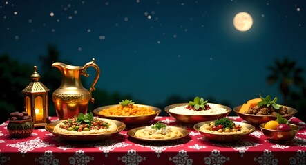 Fototapeta premium Festive table with the moon in the background. On the table are several plates with food, including a variety of vegetables and meat. The table is set for a traditional Ramadan iftar