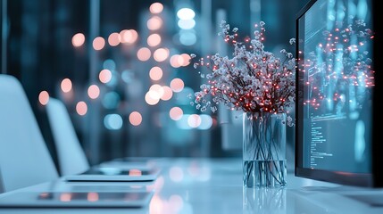 Illuminated flowers on desk near computer screen, night office, data analysis