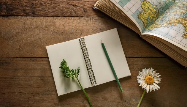 On a rustic wooden table, a small map unfolds beside an open notebook. A green pencil rests ready for thoughts, while fresh blooms bring a touch of nature to the scene, inviting exploration