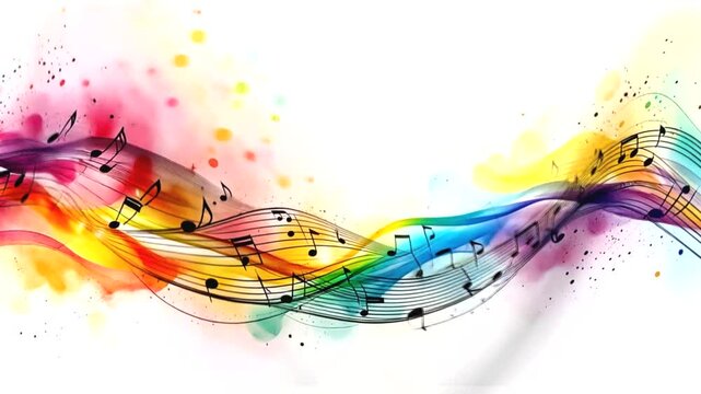 Partitura y notas musicales en movimiento ondeante y sinuoso. Fondo blanco