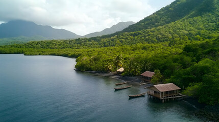 Fototapeta premium Tropical bay, stilt houses, fishing boats, lush mountains. Perfect for travel brochures