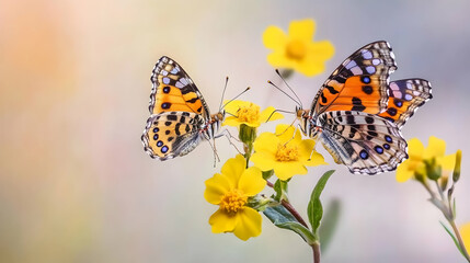 Obraz premium Two butterflies mating on yellow flowers in a meadow. Spring nature background for greeting cards