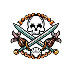 Design a pirate-themed logo for a seafood pub, featuring nautical imagery and a playful yet sophisticated style.