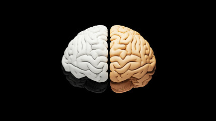 Two halves of a human brain, one light and one dark, reflecting on a black surface.  Concept image for psychology or neuroscience