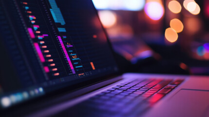 Close-up of a laptop screen displaying audio editing software with colorful waveforms and blurred background lights creating a vibrant atmosphere