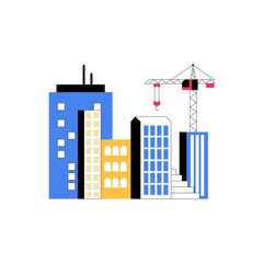 Obraz premium Urban Skyline With Construction Crane In Flat Vector Illustration Symbolizing Urban Development, Modern Architecture, And City Growth, Isolated On White Background
