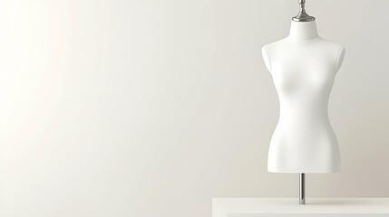 White female dress form on white platform against white wall; fashion design mockup
