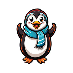 A cartoon penguin wearing a colorful scarf, smiling playfully. It's looking directly at the viewer with a mischievous glint in its eye.