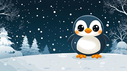 Cute cartoon penguin standing on snow with falling snowflakes and winter trees in the background