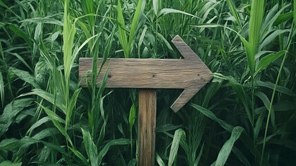 Obraz premium Wooden arrow sign pointing left in lush green grass field; nature guidepost; path direction