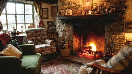 Cozy Living Room with Stone Fireplace, Comfortable Chairs, and Rustic Decor in a Warm and Inviting Atmosphere Perfect for Relaxation and Enjoyment on a Chilly Day