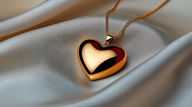 Imagine a gold heart pendant lying on an elegant silk cloth. Ultra-Realistic, Photo Realistic, highly detailed, 